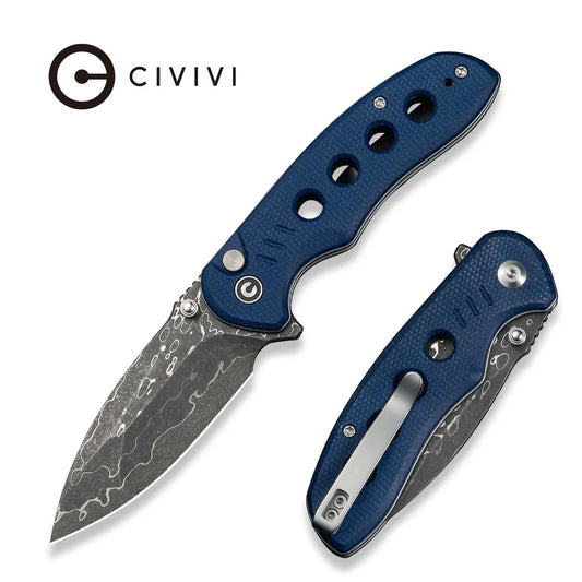 CIVIVI Triptych Flipper & Thumb Stud & Button Lock Knife Micarta Handle (2.97" Damascus Blade)
