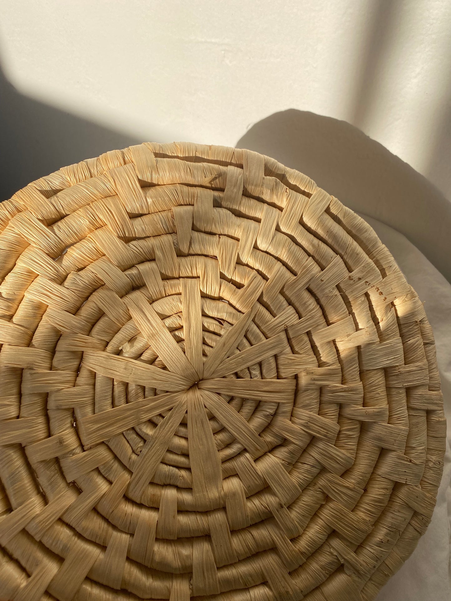 Vintage Woven Round Flat Basket with Handles