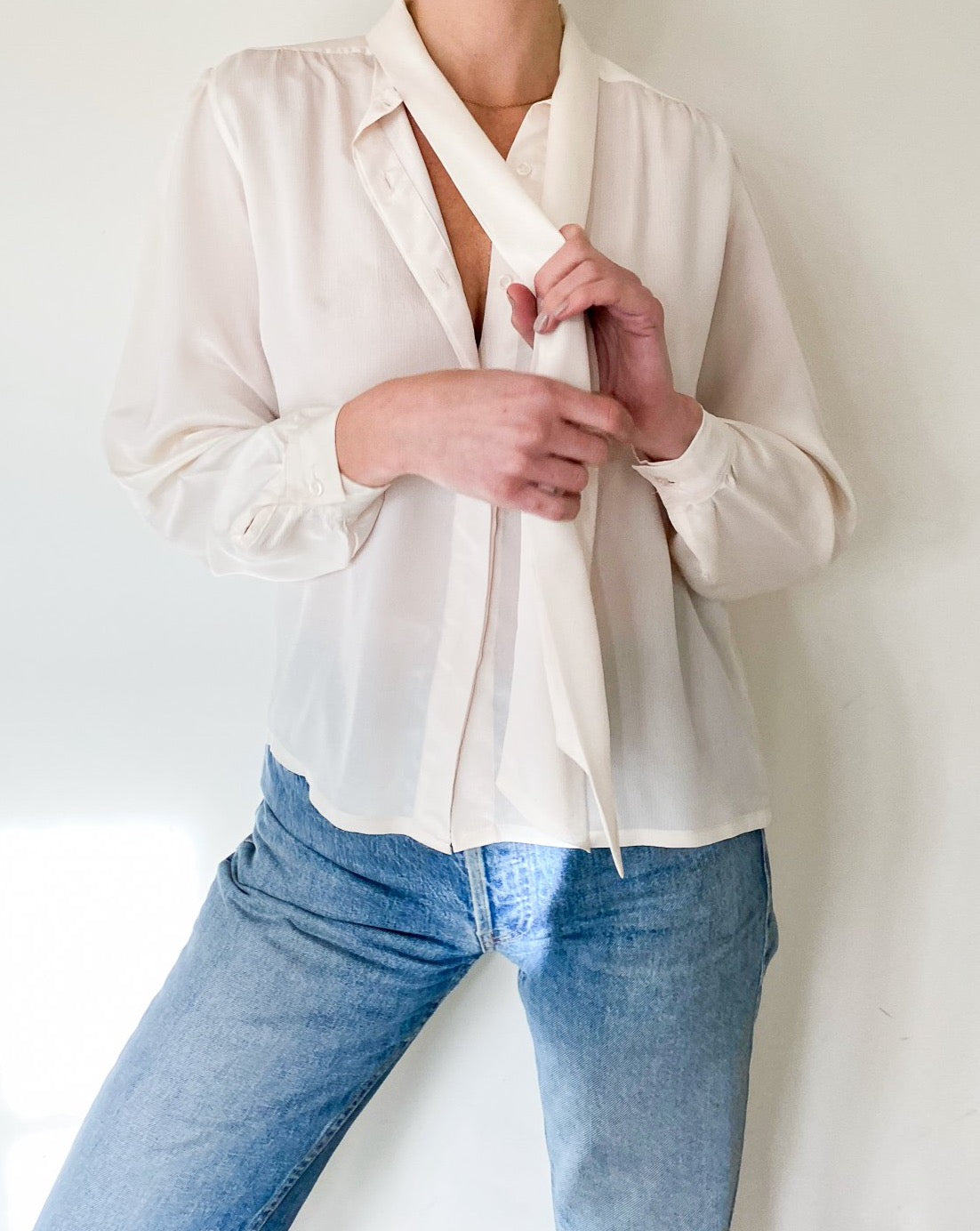 Vintage Ivory Tie Neck Blouse