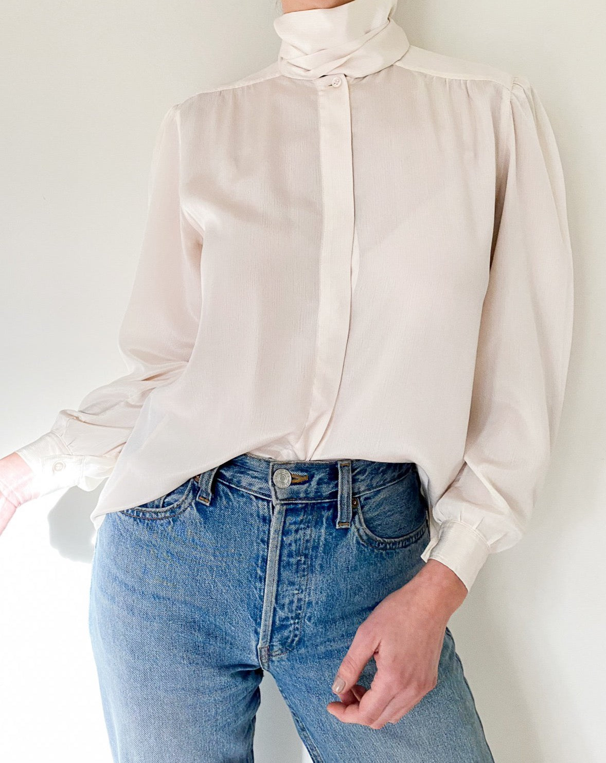 Vintage Ivory Tie Neck Blouse