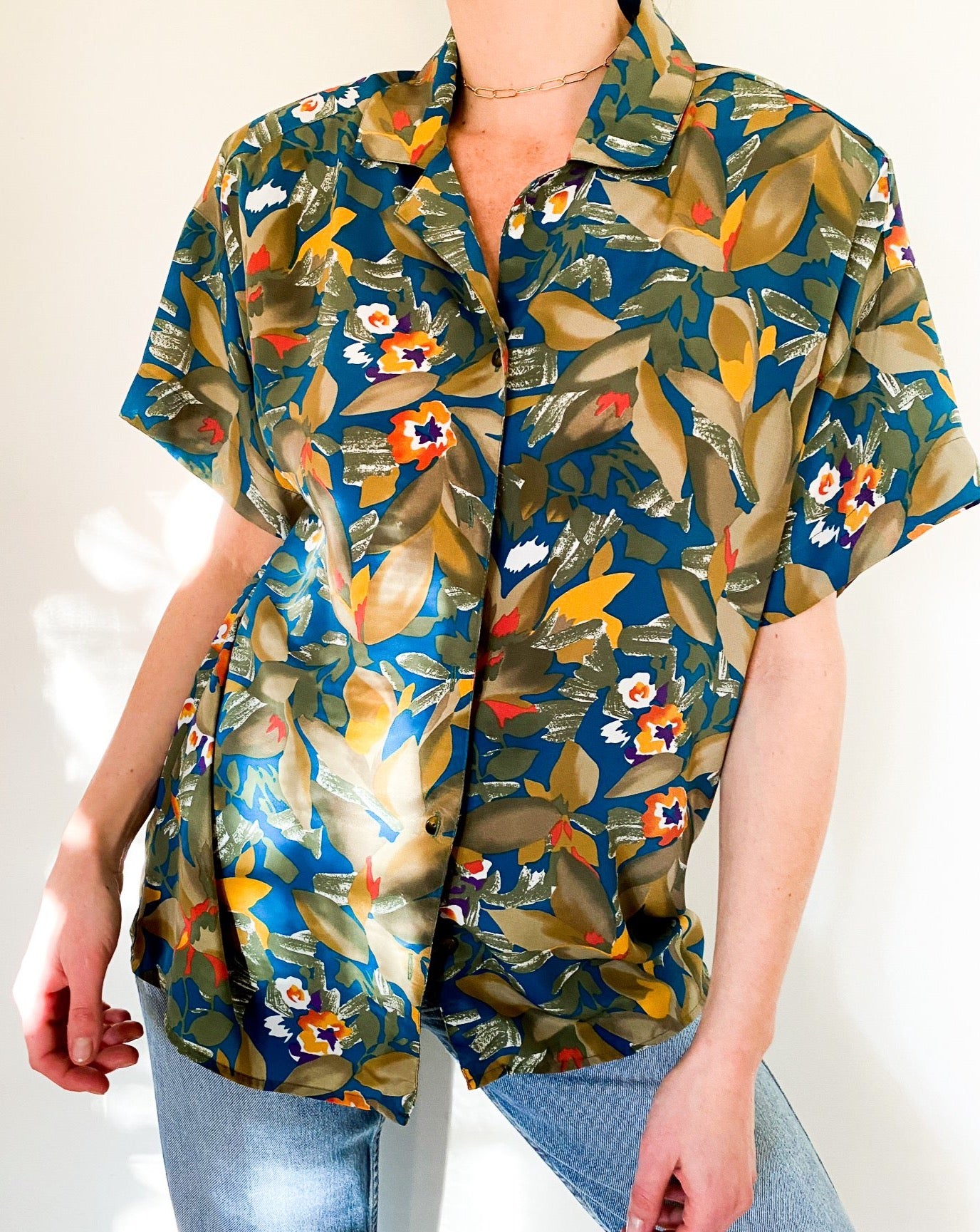 Vintage Olive Aloha Print Blouse
