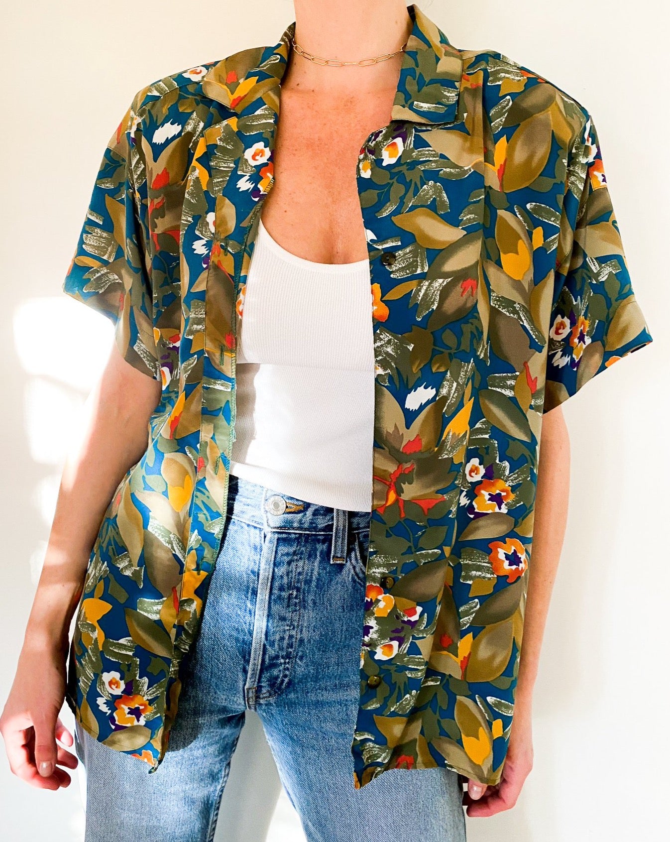 Vintage Olive Aloha Print Blouse
