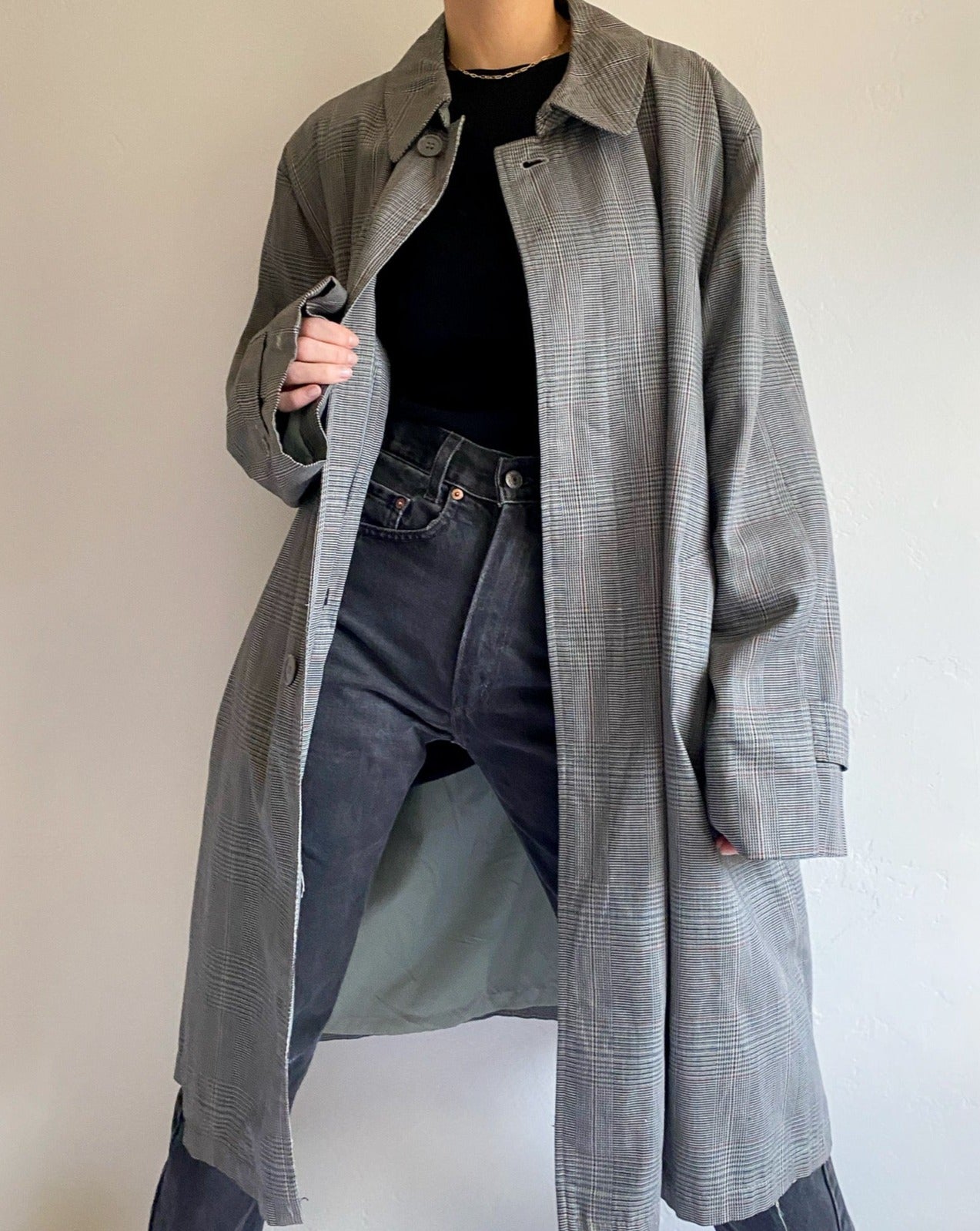 Vintage Grey Plaid Oversized Long Coat