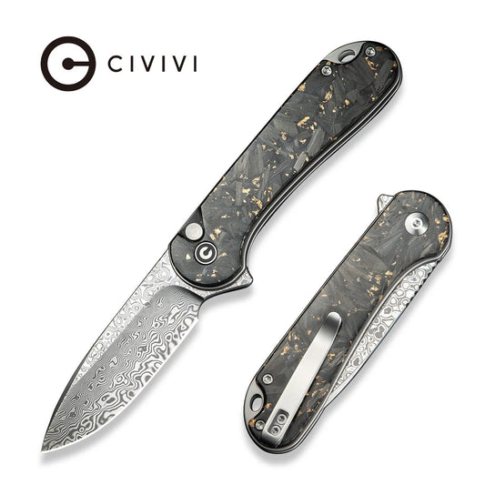 CIVIVI Button Lock Elementum II Flipper Knife Carbon Fiber & Resin Handle (2.96" Damascus Blade)