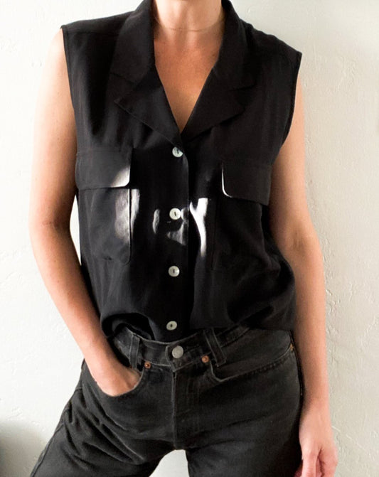 Vintage Black Silk Sleeveless Button Up