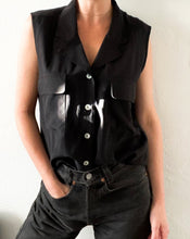 Load image into Gallery viewer, Vintage Black Silk Sleeveless Button Up

