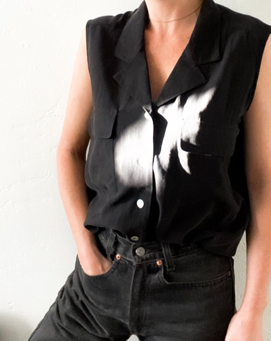 Vintage Black Silk Sleeveless Button Up