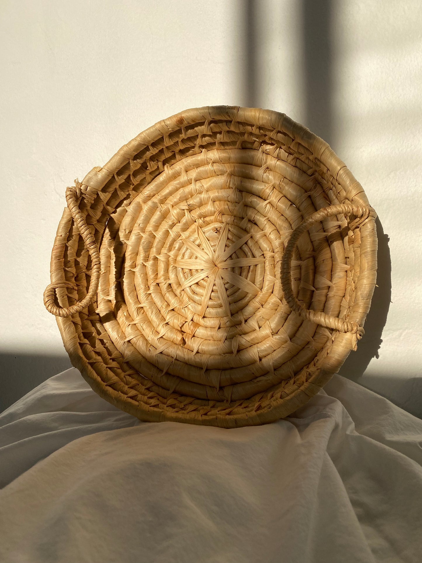 Vintage Woven Round Flat Basket with Handles