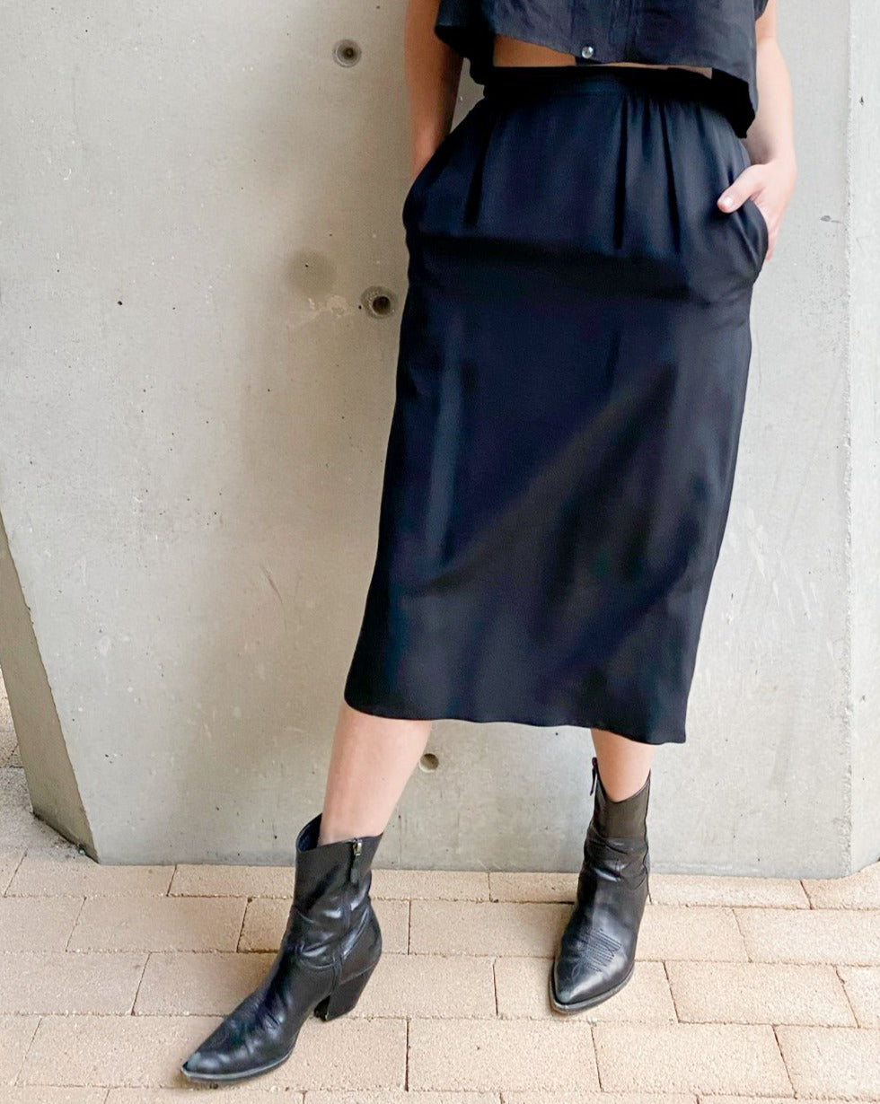 Vintage Black Silk Midi Skirt