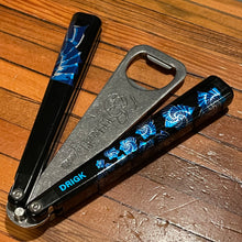 Load image into Gallery viewer, BBbarfly OG2 Custom DRIGK (Blue, Turquoise and Silver) Balisong Bottle Opener
