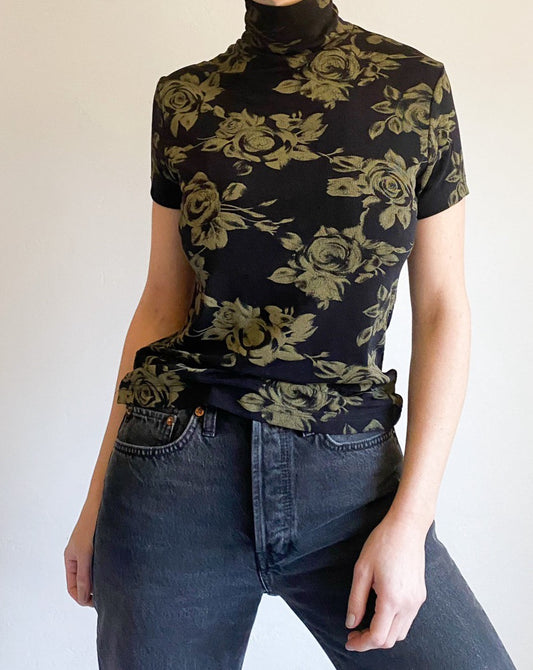 Vintage 90s Black Floral Short Sleeve Turtleneck