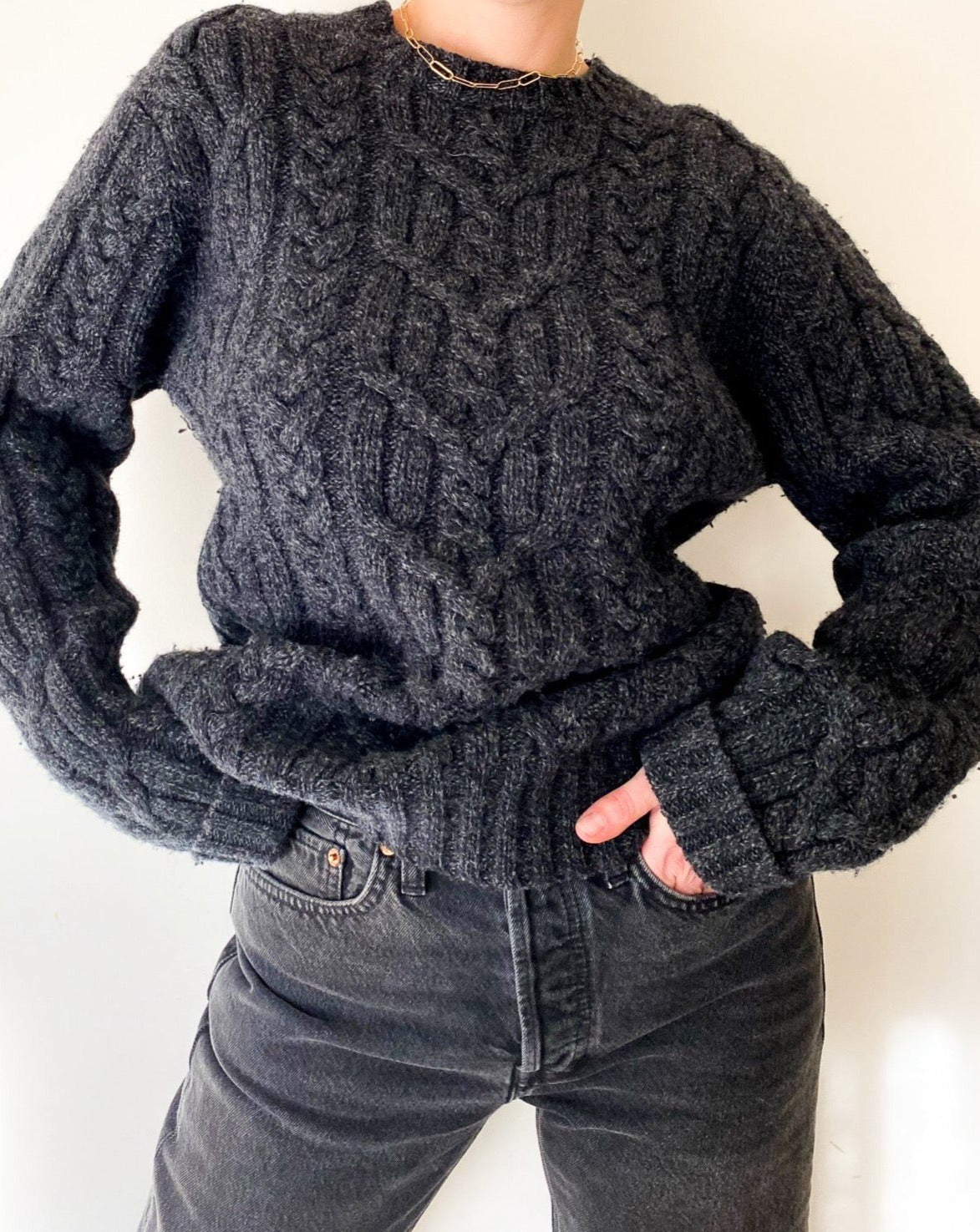 Vintage Charcoal Cable-Knit Sweater