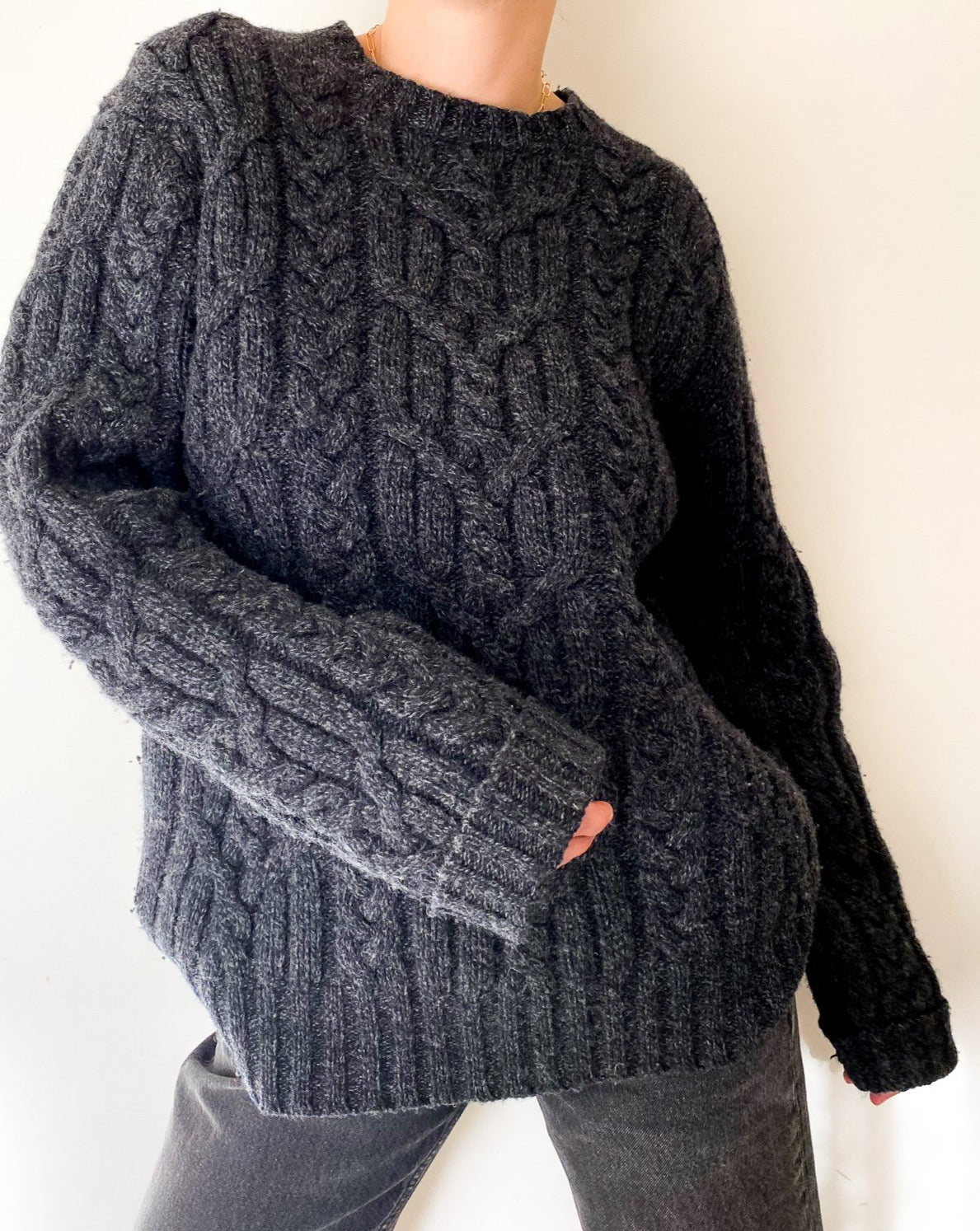 Vintage Charcoal Cable-Knit Sweater