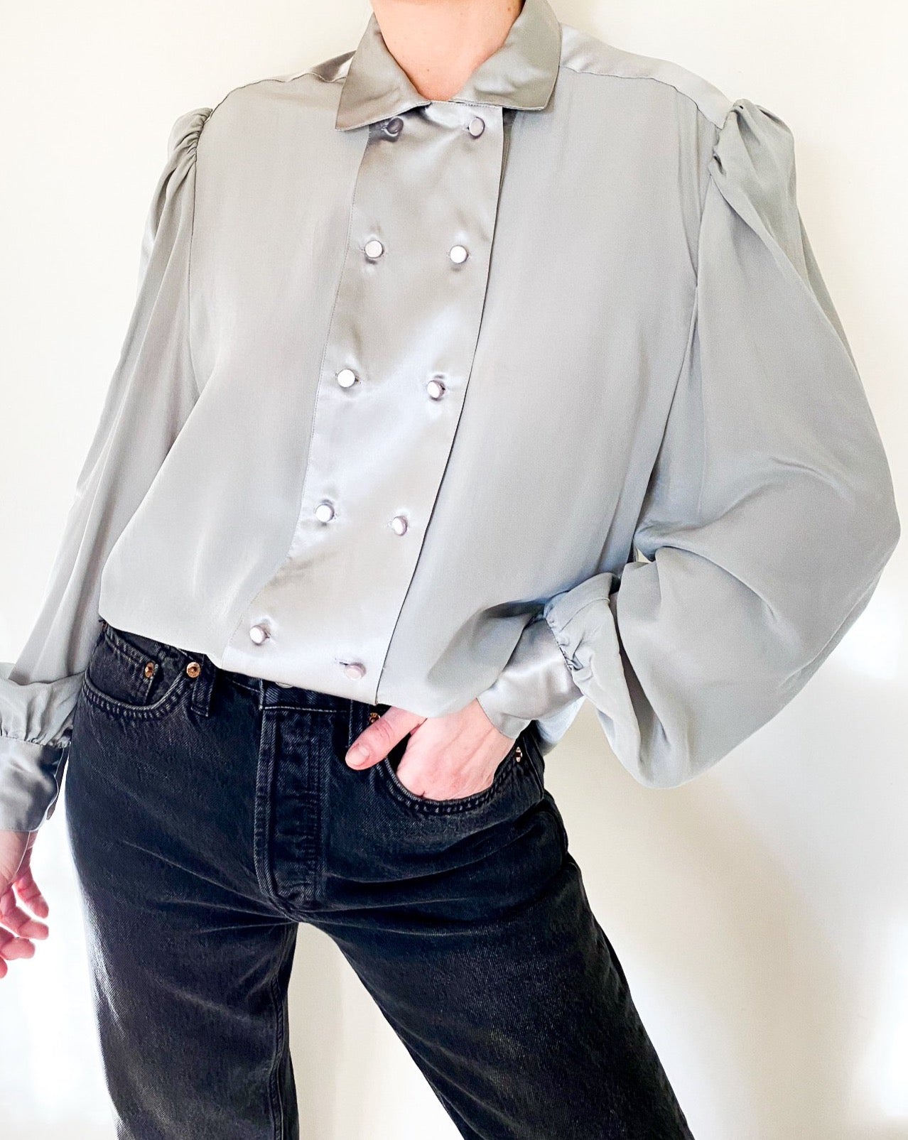 Vintage Silver Double-Breasted Silk Blouse