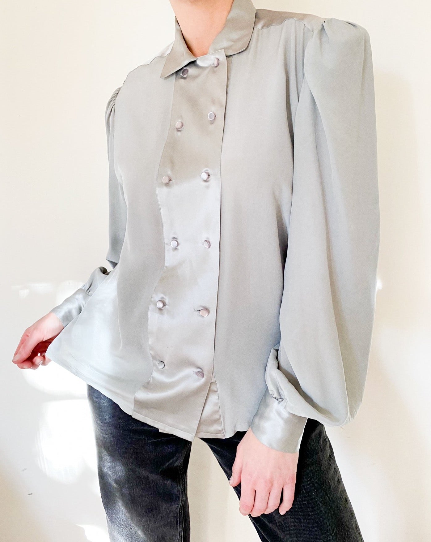 Vintage Silver Double-Breasted Silk Blouse