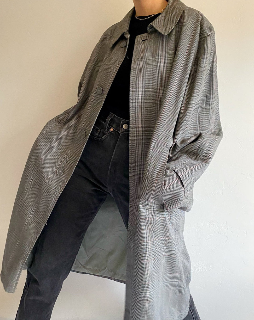 Vintage Grey Plaid Oversized Long Coat